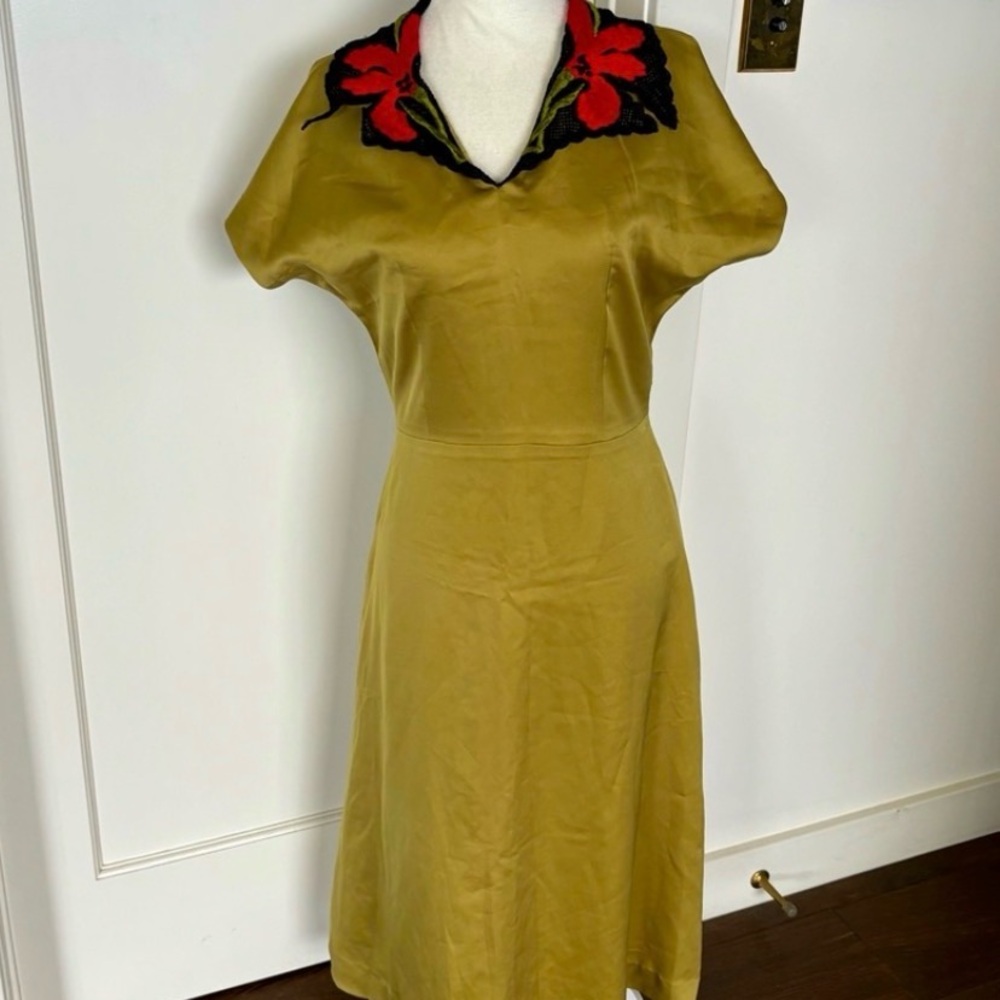 Elegant Olive Green Midi Dress with Red Floral Accents